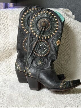 Corral Boho Studded Black Leather Western Heeled Boots - Women